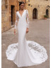 Long Sleeve V Neck Ivory Satin Lace Wedding Dress